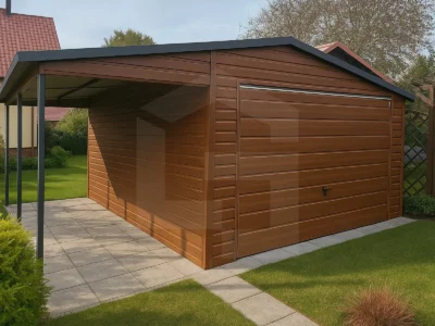 Garaż blaszany 4 x 5 z wiatą 2 x 5 złoty dąb