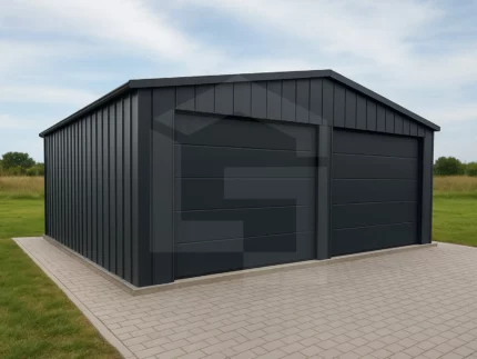 Garaż blaszany na rąbek z bramami segmentowymi 7 x 7 | Kup garaż online!