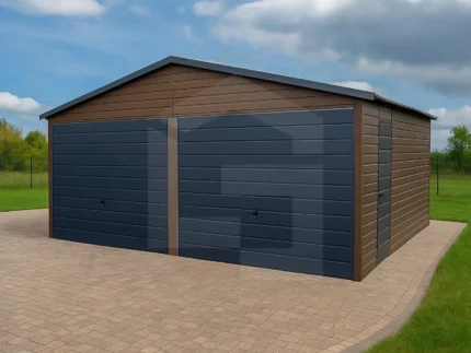 Garaż blaszany dwustanowiskowy 6 x 7, dwie bramy uchylne